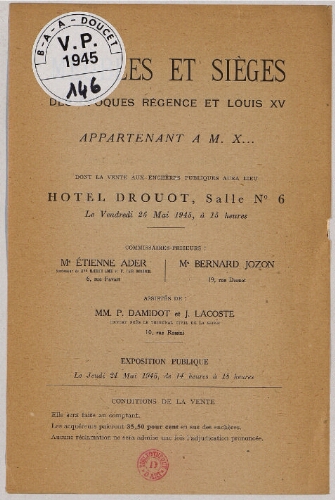 Meubles et sièges des époques Régence et Louis XV [...] : [vente du 25 mai 1945]