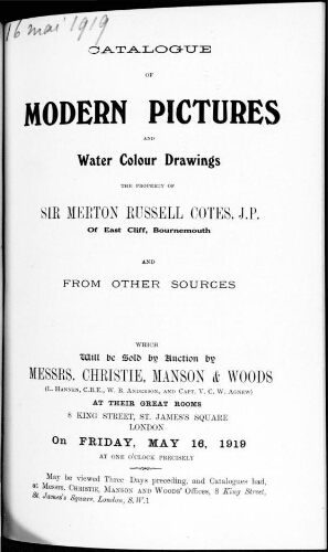 Catalogue of modern pictures and water colour drawings [...] : [vente du 16 mai 1919]
