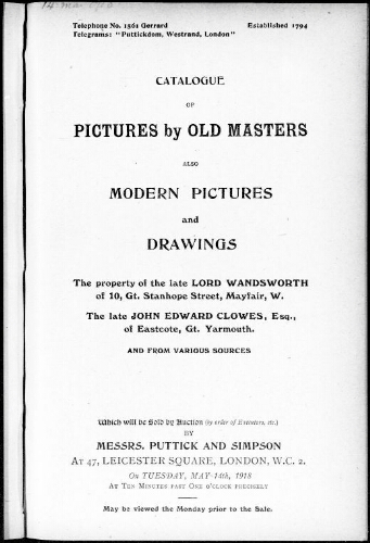 Catalogue of pictures by old masters also modern pictures and drawings […] : [vente du 14 mai 1918]
