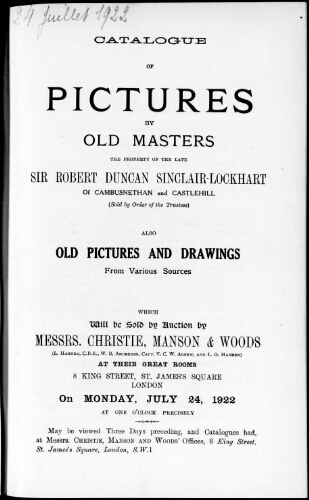 Catalogue of pictures by old masters, the property of the late Sir Robert Duncan Sinclair-Lockhart [...] : [vente du 24 juillet 1922]