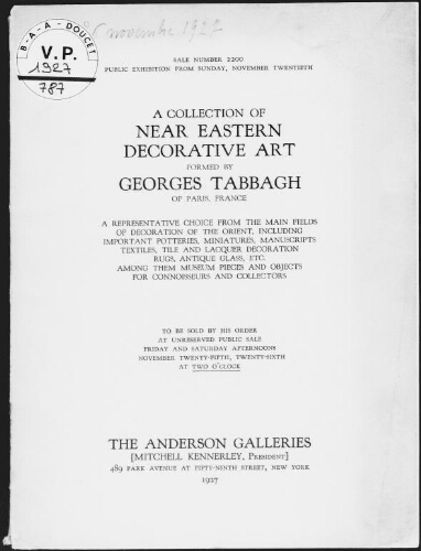 Collection of Near Eastern decorative art formed by Georges Tabbagh, of Paris, France [...] : [vente des 25 et 26 novembre 1927]