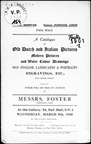 Catalogue of old Dutch and Italian pictures, modern pictures and water colour drawings [...] : [vente du 5 mars 1930]