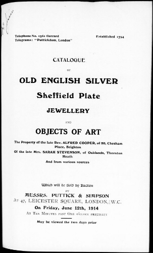 Catalogue of old English silver, Sheffield plate, jewellery and objects of art […] : [vente du 12 juin 1914]