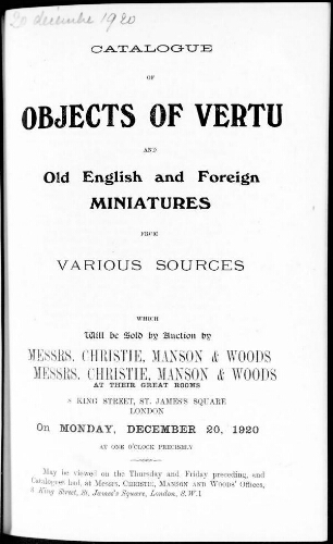 Catalogue of Objects of Vertu and Old English and Foreign Miniatures from Various Sources [...] : [vente du 20 décembre 1920]