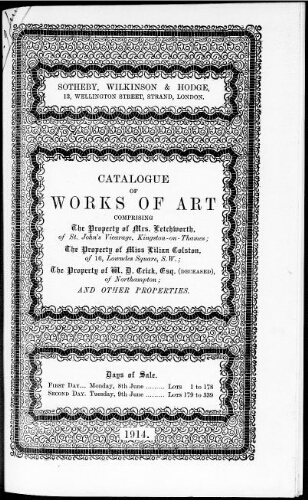 Catalogue of works of art […] : [vente du 8 juin 1914]