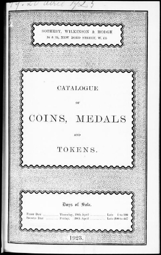 Catalogue of coins, medals and tokens : [vente des 19 et 20 avril 1923]