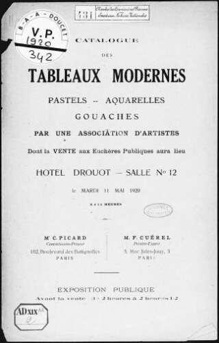 Catalogue des tableaux modernes, pastels, aquarelles, gouaches par une association d'artistes [...] : [vente du 11 mai 1920]