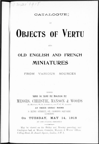Catalogue of objects of vertu and old English and French miniatures […] : [vente du 14 mai 1918]