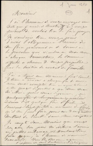 Lettre de Jean-Louis-Ernest Meissonier à Millet, Poissy, 1er juin 1870