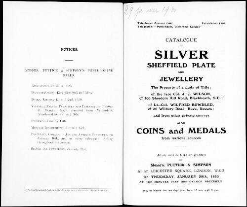Catalogue of silver Sheffield plate and jewellery the property of a lady of title [...] : [vente du 29 janvier 1920]