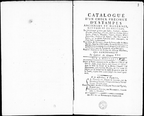 Catalogue d'un choix précieux d’estampes anciennes et modernes [...] : [vente du 16 février 1796]