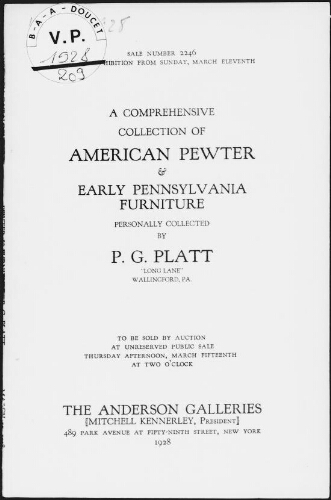 Compréhensive collection of American pewter [...] personally collected by P. G. Platt [...] : [vente du 15 mars 1928]
