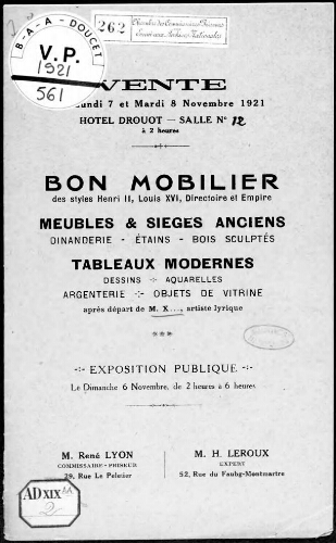 Bon mobilier des styles Henri II, Louis XVI, Directoire et Empire [...] : [vente des 7 et 8 novembre 1921]