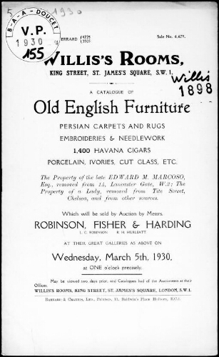 Catalogue of old English furniture, Persian carpets and rugs [...], the property of the late Edward M. Marcoso [...] : [vente du 5 mars 1930]