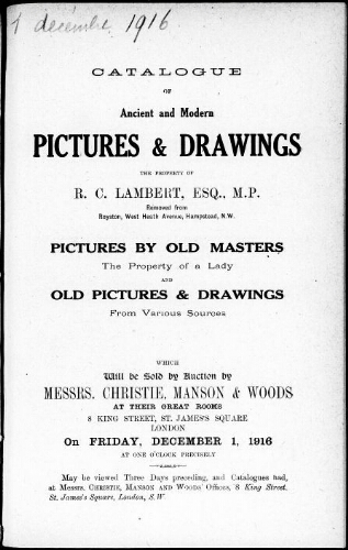 Catalogue of ancient and modern pictures and drawings […] : [vente du 1er décembre 1916]