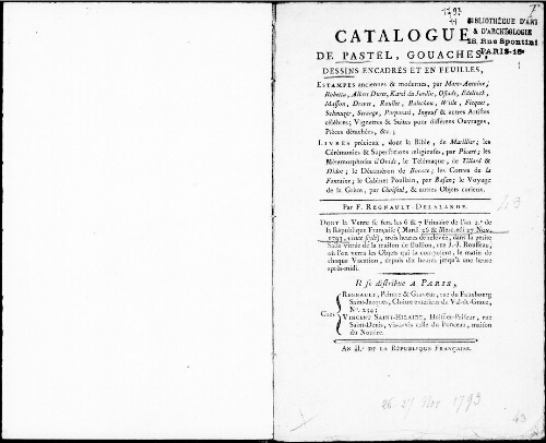 Catalogue de pastel, gouaches, dessins encadrés et en feuilles, estampes anciennes et modernes [...] : [vente du 26 novembre 1793]