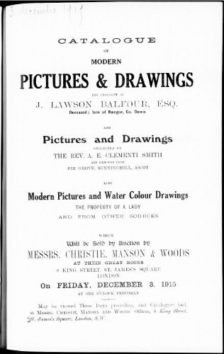 Catalogue of modern pictures and drawings […] : [vente du 3 décembre 1915]