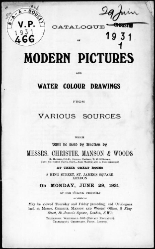 Catalogue of modern pictures and water colour drawings from various sources : [vente du 29 juin 1931]