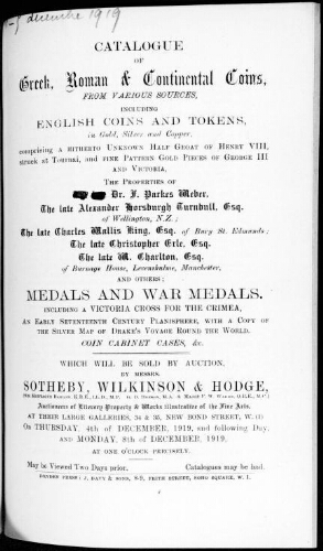 Catalogue of Greek, Roman & continental coins, from various sources, [...] medals and war medals [...] : [vente des 4, 5 et 8 décembre 1919]