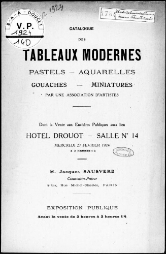 Catalogue des tableaux modernes, pastels, aquarelles, gouaches, miniatures, par une association d'artistes [...] : [vente du 27 février 1924]
