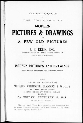 Catalogue of the collection of modern pictures and drawings and a few old pictures of J. E. Reiss, esq. [...] : [vente du 6 février 1914]