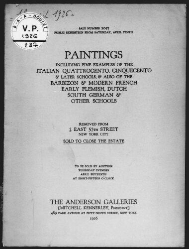 Paintings including fine examples of the Italian Quattrocento [...] removed from 2 East 57th Street [...] : [vente du 15 avril 1926]