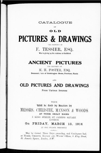 Catalogue of old pictures and drawings [...] : [vente du 13 mars 1914]