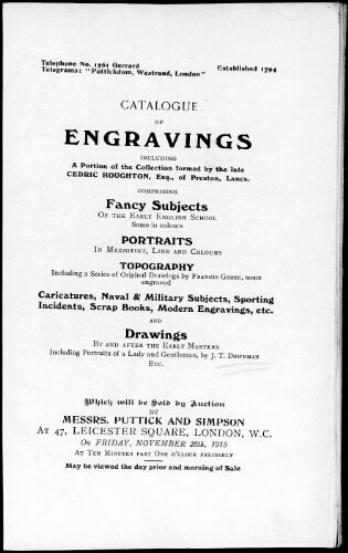 Catalogue of engravings […] : [vente du 26 novembre 1915]