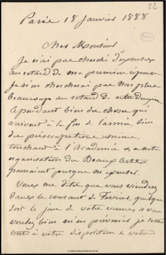 Lettre de Jean-Louis-Ernest Meissonier, Paris, 18 janvier 1888