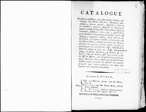 Catalogue d'objets curieux, du plus beau choix, tableaux des trois écoles, dessins [...] : [vente du 6 février 1792]