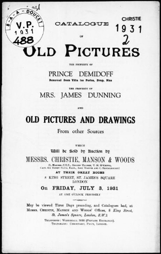 Catalogue of old pictures, the property of Prince Demidoff, […] : [vente du 3 juillet 1931]
