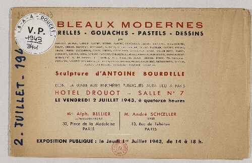 Tableaux modernes, aquarelles, gouaches, pastels, dessins [...] : [vente du 2 juillet 1943]