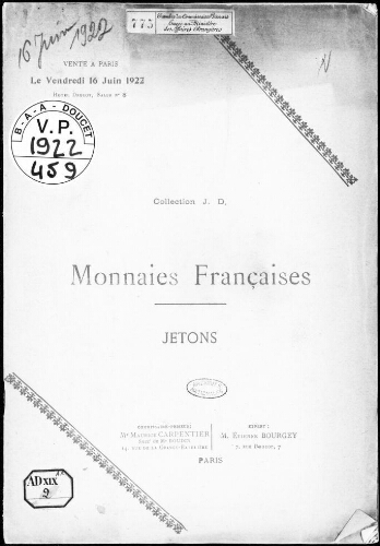 Collection J. D. Monnaies françaises, jetons : [vente du 16 juin 1922]