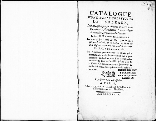 Catalogue d'une belle collection de tableaux, dessins, estampes, sculptures en terre cuite et en bronze, porcelaines [...] : [vente du 16 mars 1778]