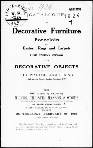 Catalogue of decorative furniture, porcelain and Eastern rugs and carpets from various sources [...] : [vente du 28 février 1924]