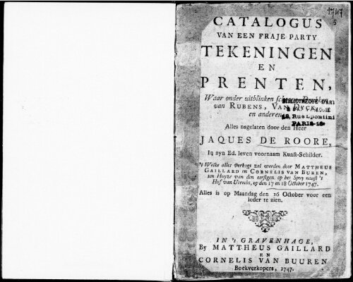 Catalogus van een Fraje party Tekeningen en Prenten [...] : [vente du 17-18 octobre 1747]