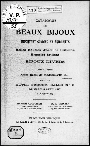 Catalogue des beaux bijoux […] : [vente du 3 avril 1917]