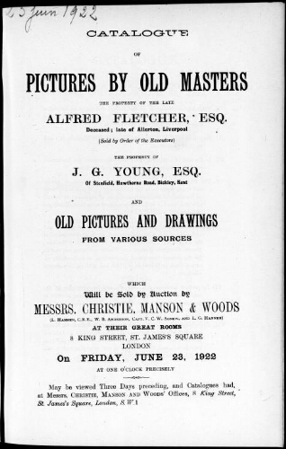 Catalogue of pictures by old masters, the property of the late Alfred Fletcher, Esq. [...] : [vente du 23 juin 1922]