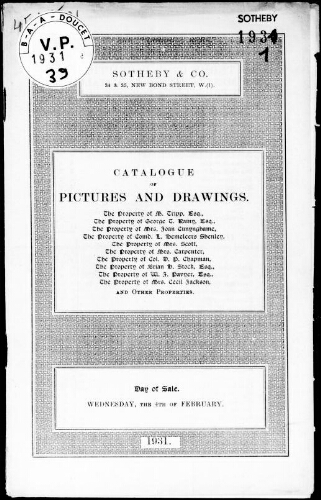 Pictures and drawings, the property of M. Tripp, Esquire, the property of George T. Rainy, Esquire [...] : [vente du 4 février 1931]