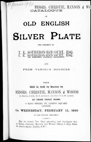 Catalogue of old english silver plate [...] : [vente du 11 février 1920]