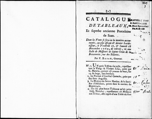 Catalogue de tableaux, et superbe ancienne porcelaine de Saxe [...] : [vente du 17 novembre 1769]