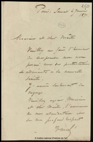 Lettre à Jean-Louis-Ernest Meissonier, 4 janvier 1890