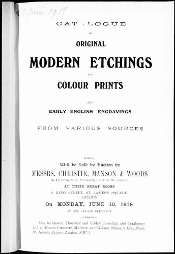 Catalogue of original modern etchings and colour prints […] : [vente du 10 juin 1918]