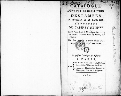 Catalogue d’une petite collection d’estampes en feuille et en recueils provenant du Cabinet de M*** [...] : [vente du 26 mars 1783]