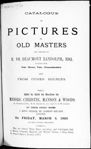 Catalogue of pictures by old masters, the property of H. de Beaumont Randolph [...] : [vente du 5 mars 1920]