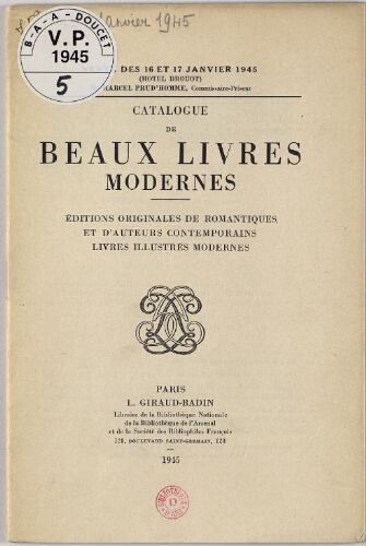 Catalogue de beaux livres modernes [...] : [vente des 16 et 17 janvier 1945]