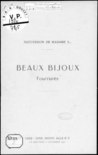 Succession de Madame X. Beaux bijoux, fourrures : [vente du 15 décembre 1920]