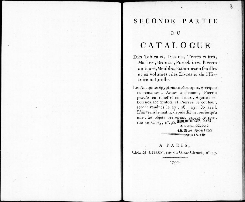 Seconde partie du catalogue des tableaux, dessins, terres cuites, marbres, bronzes [...] : [vente du 27 avril 1791]