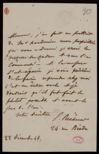 Louis-Antoine Riesener. Lettre autographe signée à M. Souty