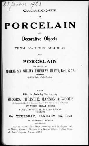Catalogue of porcelain and decorative objects from various sources [...] : [vente du 25 janvier 1923]